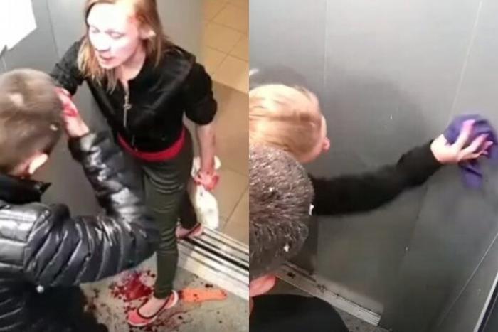 В Екатеринбурге пара в лифте устроила мордобой, а потом помирилась, убирая следы побоища (6 фото)